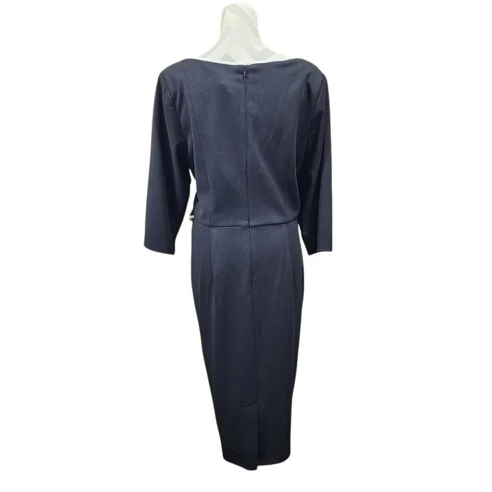 Adrianna Papell Tipped Crepe Tie Dress 16W Black Ivory Sheath Midi NWT - Picture 4 of 10